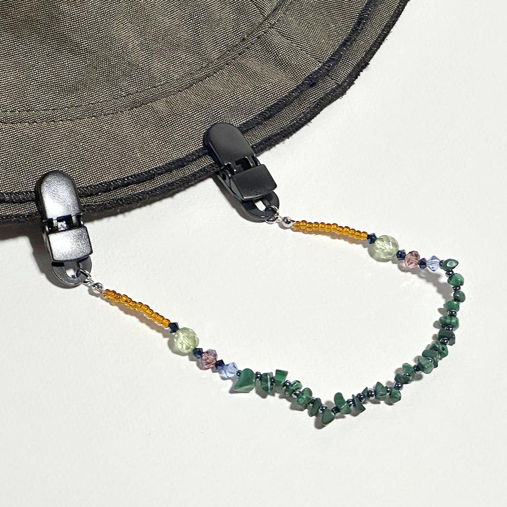 天然石の孔雀石とビーズの帽子クリップ　（ハットクリップ／帽子ストラップ） | 11枚目