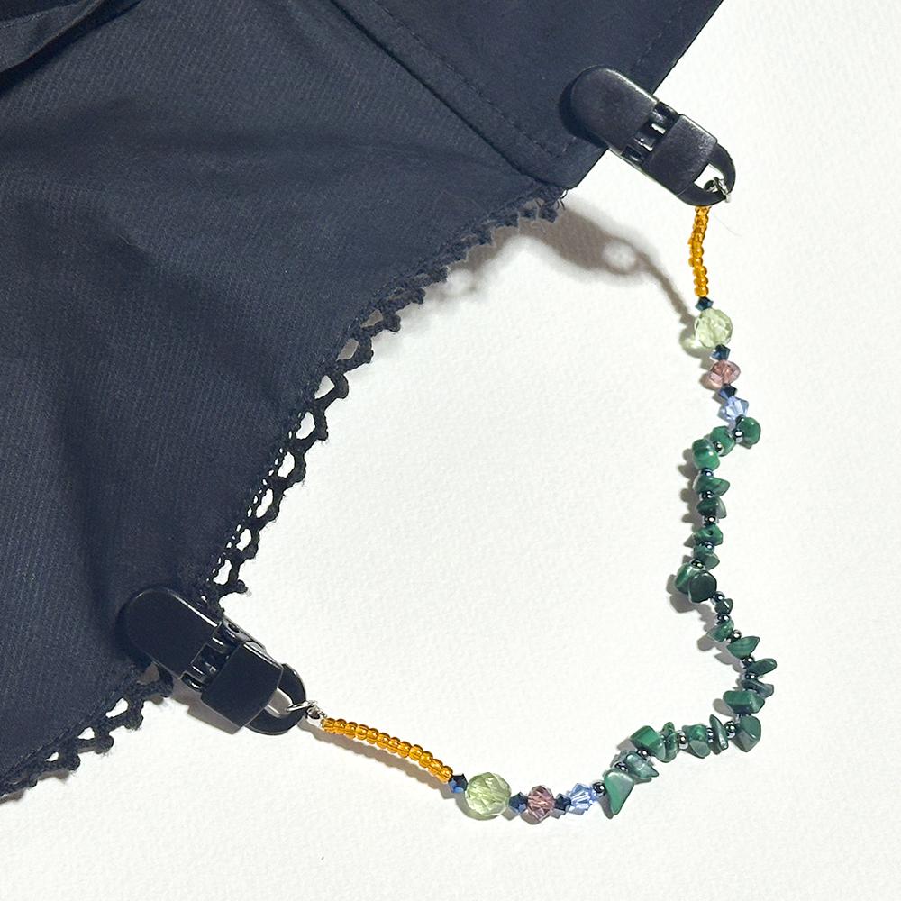 天然石の孔雀石とビーズの帽子クリップ　（ハットクリップ／帽子ストラップ） | 13枚目