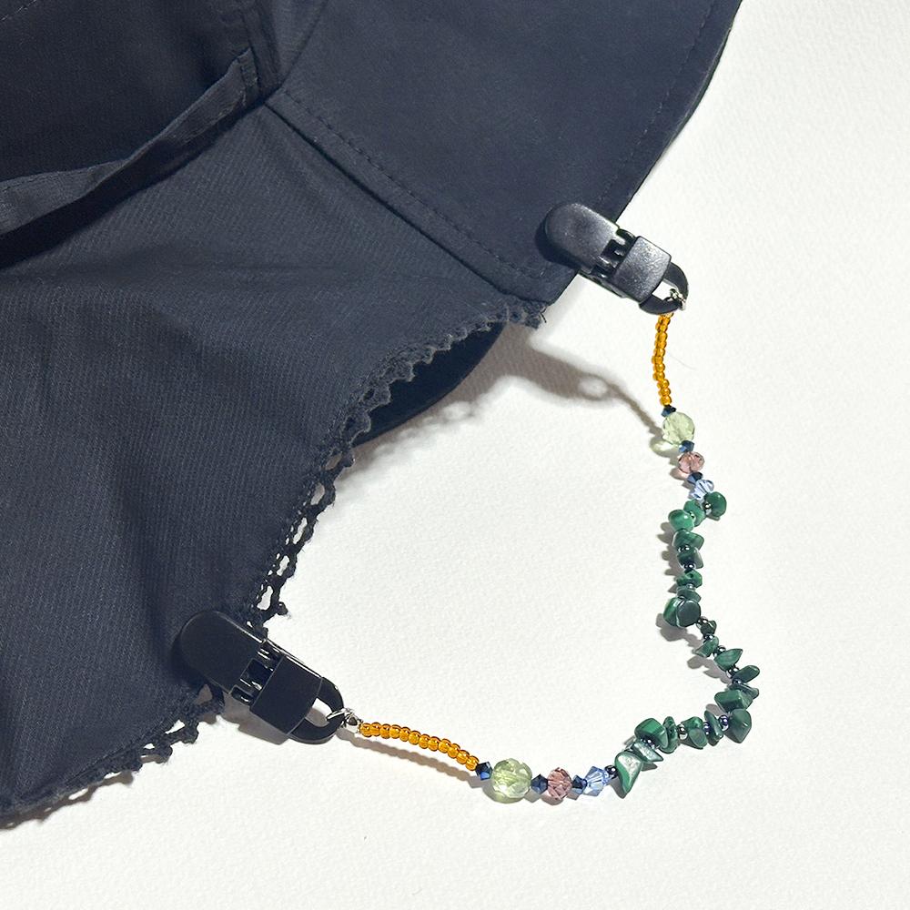 天然石の孔雀石とビーズの帽子クリップ　（ハットクリップ／帽子ストラップ） | 6枚目